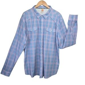 Sundown Men's Pearl Snap Blue Plaid Field Shirt SZ XL Vented UPF 50+ Stretch